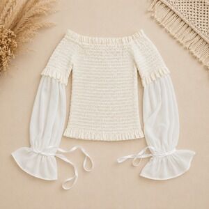 Stylenanda Cream White Smocked Off Shoulder Crop Top Tie Sleeve Size F One Size